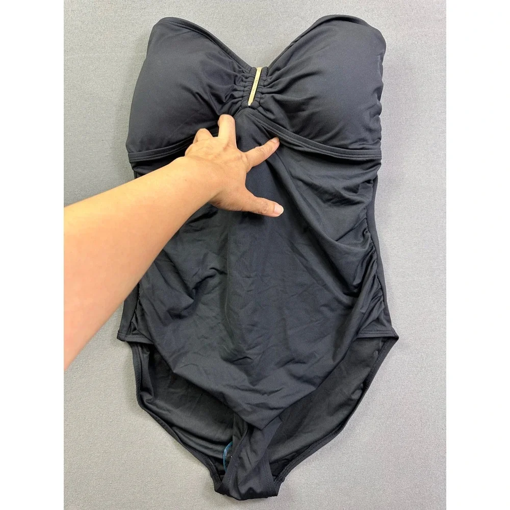 Calvin Klein Women Black Bandeau Ruched One Piece Swimsuit CG5MS002 Size‎ 14